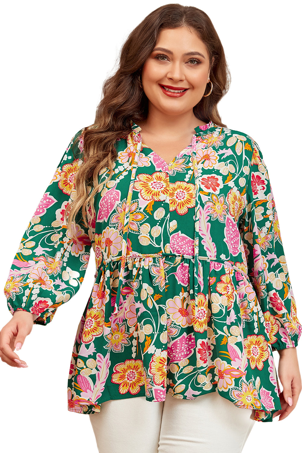 Groene bloemen geknoopte V-hals lange mouw plus size babydoll top