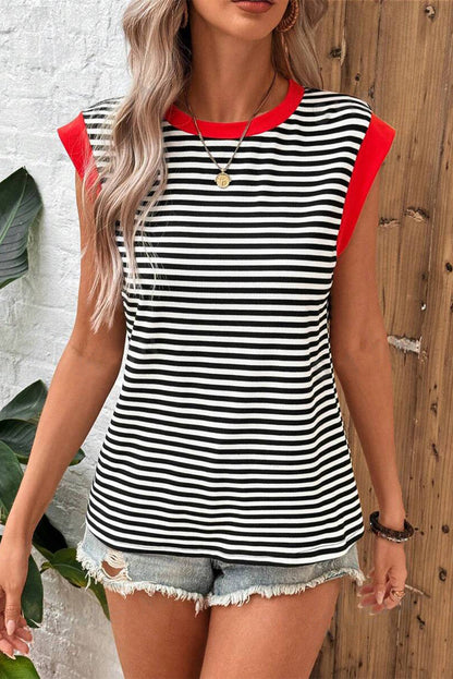 Black Stripe Colorblock Edge Round Neck Tank Top