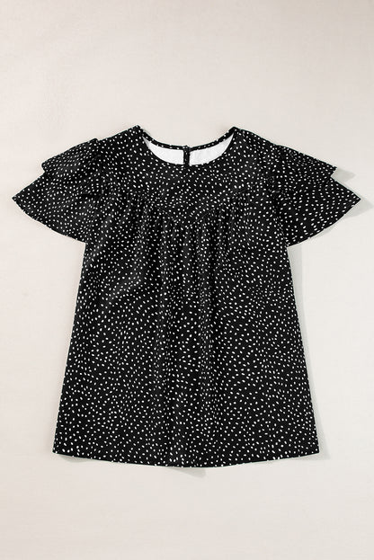 Laurel Green Dotted Ruffle Sleeve Crew Neck Ruched Blouse