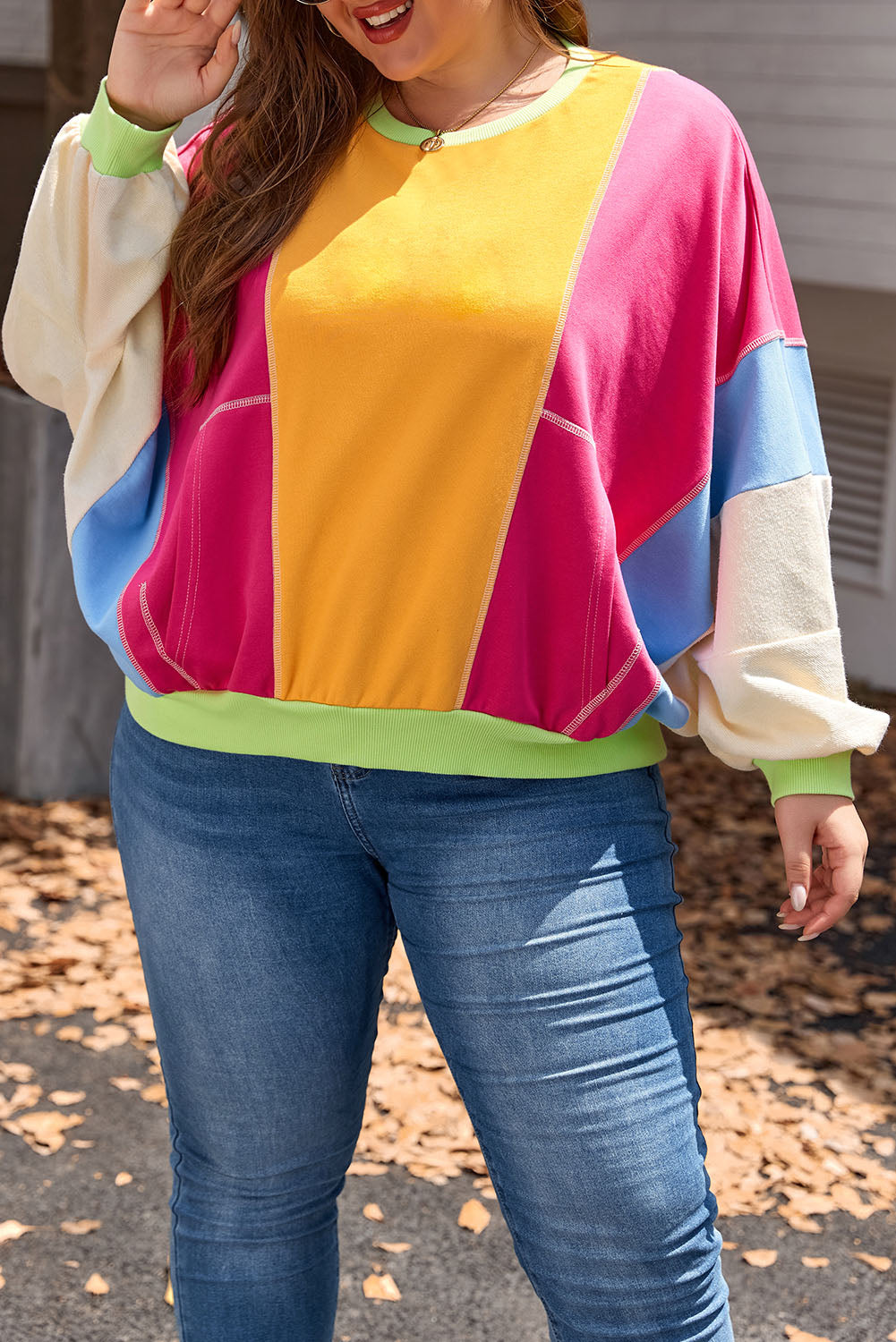 Rozerood Plus Size Colorblock Patchwork Sweatshirt met zichtbare naden