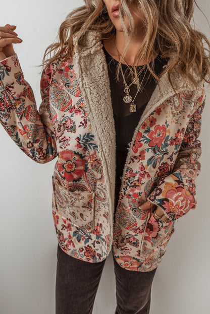 Beige Vintage Paisley Bloemenprint Sherpa Gevoerde Capuchon Jas