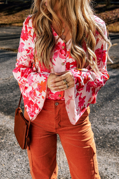 Roze bloemenprint gelaagde bel lange mouwen geknoopt bodysuit