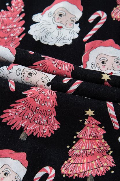 Black Christmas Santa Printed Two Piece Pajamas Set