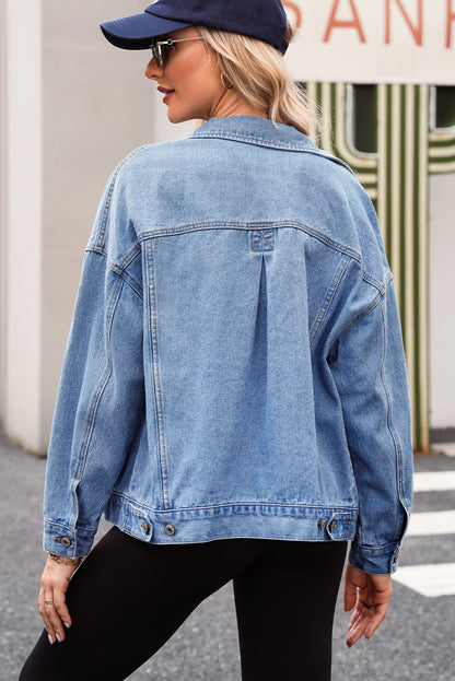 Blue Stripe Washed Oversize Pocketed Denim Jacket