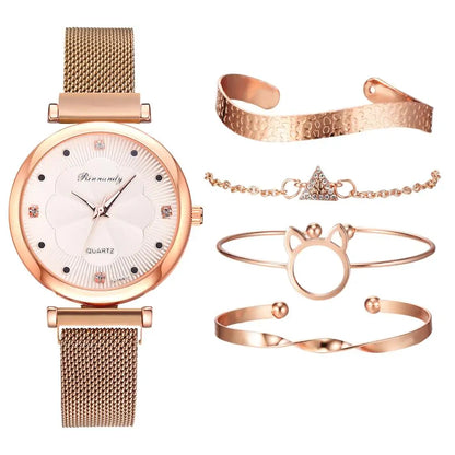 5-Piece Women's Luxury Magnet Buckle Watch Bracelet Set