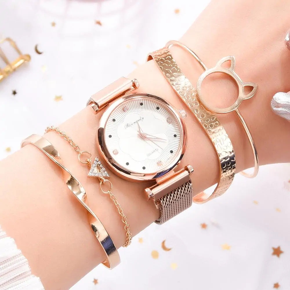 5-Piece Women's Luxury Magnet Buckle Watch Bracelet Set