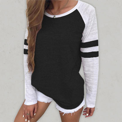 Contrast color stripe stitching long-sleeved T-shirt round neck color block top