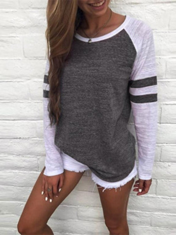 Contrast color stripe stitching long-sleeved T-shirt round neck color block top