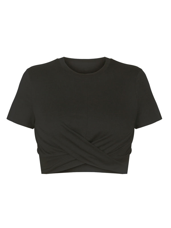 Dames gebreid kort slim fit T-shirt met navel en knoop 