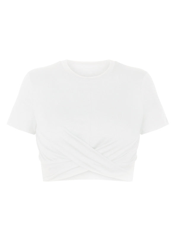 Dames gebreid kort slim fit T-shirt met navel en knoop 