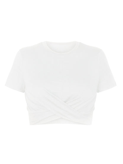 Dames gebreid kort slim fit T-shirt met navel en knoop 