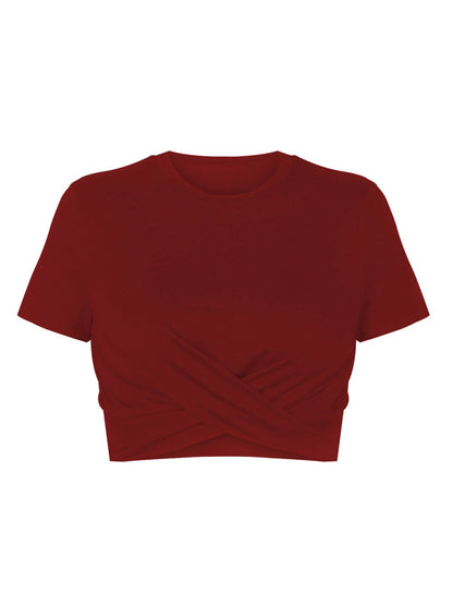 Dames gebreid kort slim fit T-shirt met navel en knoop 