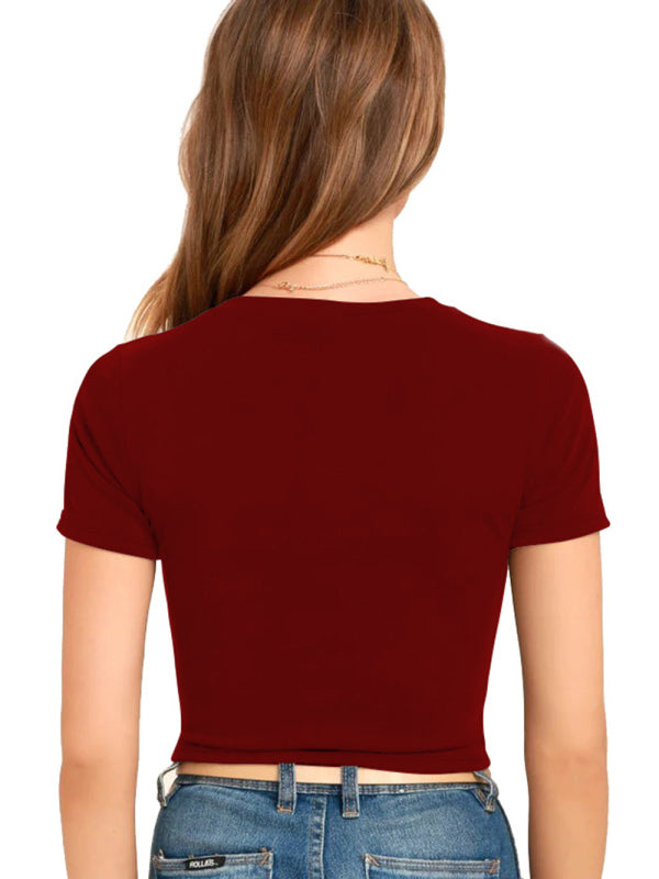 Dames gebreid kort slim fit T-shirt met navel en knoop 