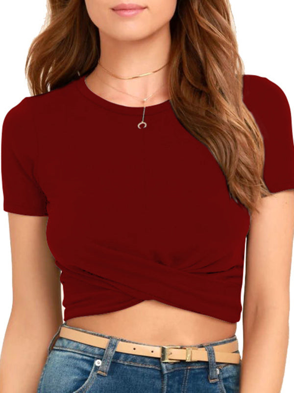 Dames gebreid kort slim fit T-shirt met navel en knoop 