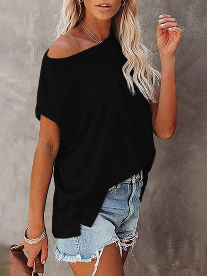 Dames Tops Effen Kleur Zak Off Shoulder Ronde Hals Korte Mouw Dames T-shirt 