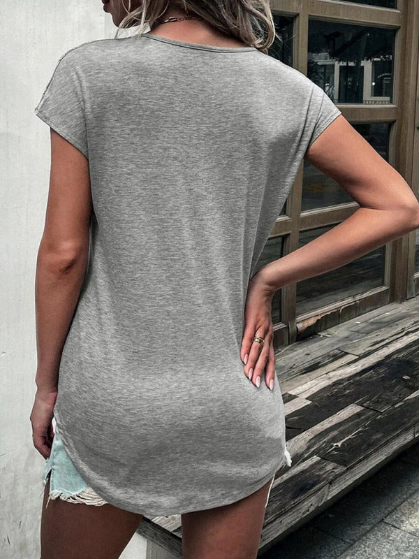 T-shirt tricoté à manches courtes et col rond pour femme avec coutures zippées et dentelle 