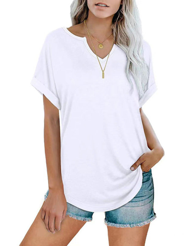 Solid color notched loose neckline loose short-sleeved t-shirt for women