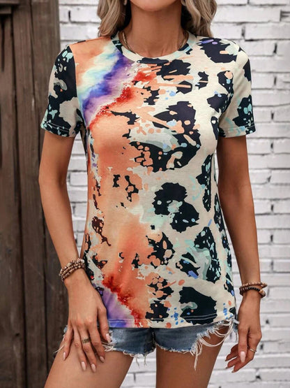 Dames T-shirt met ronde hals en korte mouwen en luipaardprint 