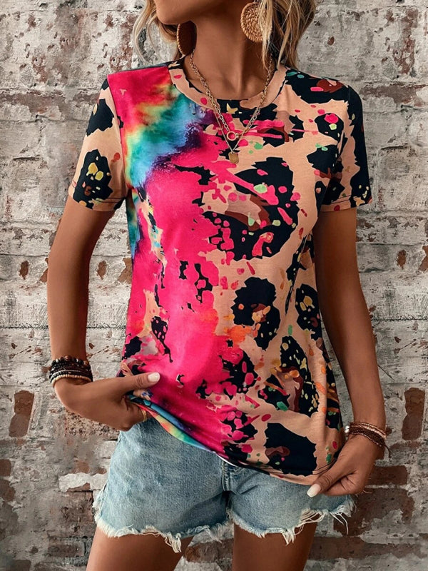 Dames T-shirt met ronde hals en korte mouwen en luipaardprint 