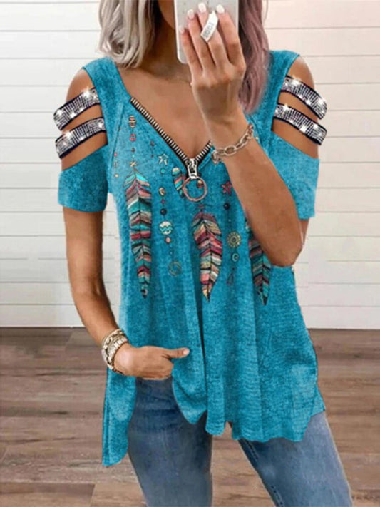 V Neck Zipper Pullover Positioning Print Short Sleeve Loose T-Shirt Women Tops