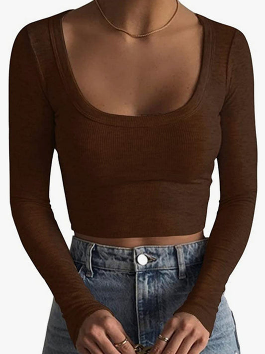 Women's large round neck long-sleeved ultra-short slim fit T-shirt top