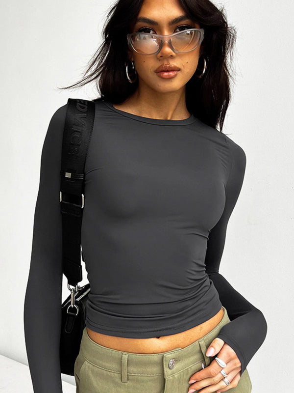 New women's round neck slim long sleeve solid color t-shirt