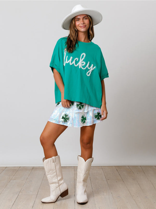 Women's St. Patrick's lucky sequined top loose T-shirt