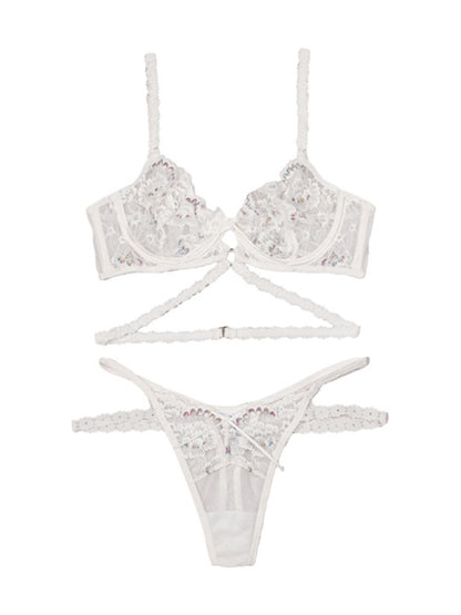 New sexy flower embroidered sexy lingerie set lace thong bra three-piece set with underwire