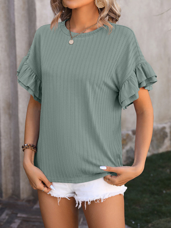 Nieuwe effen kleur ronde hals ruche mouw korte mouw T-shirt top 