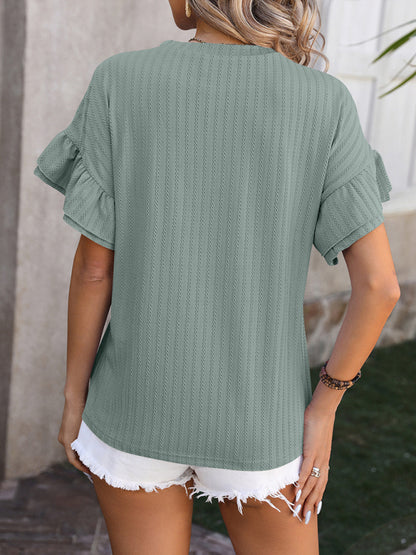 Nieuwe effen kleur ronde hals ruche mouw korte mouw T-shirt top 