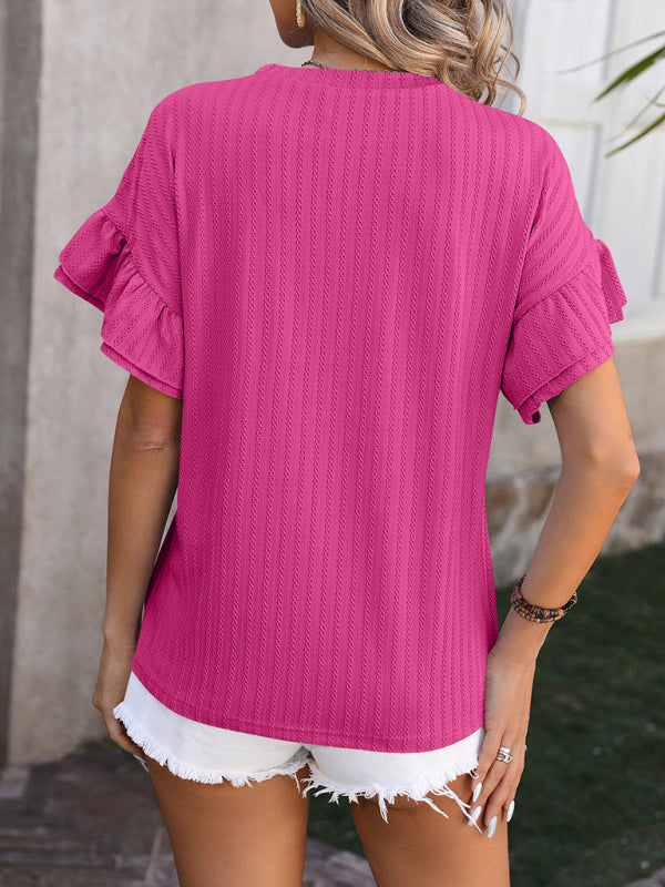 Nieuwe effen kleur ronde hals ruche mouw korte mouw T-shirt top 