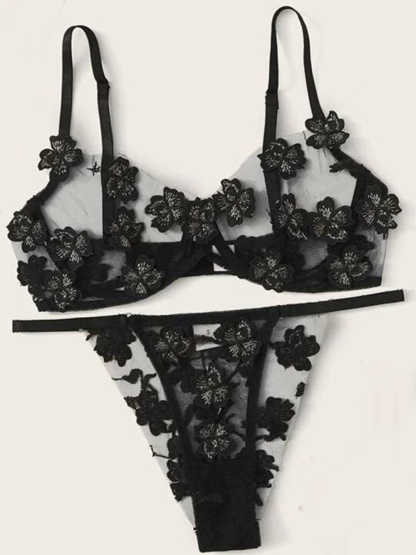 New sexy and sweet mesh embroidered flower appliqué bra set