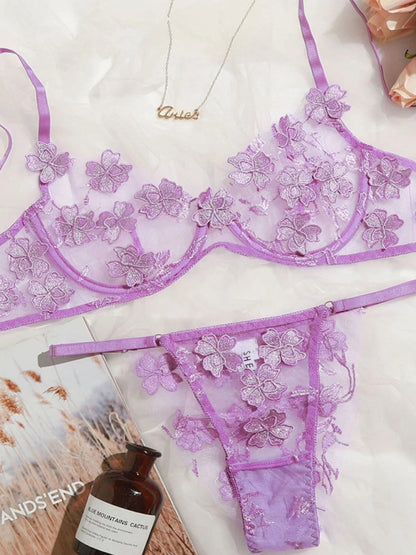 New sexy and sweet mesh embroidered flower appliqué bra set