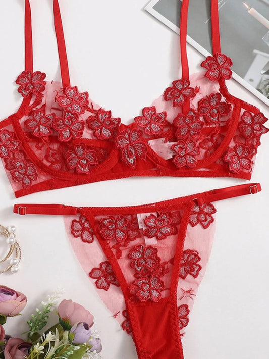 New sexy and sweet mesh embroidered flower appliqué bra set