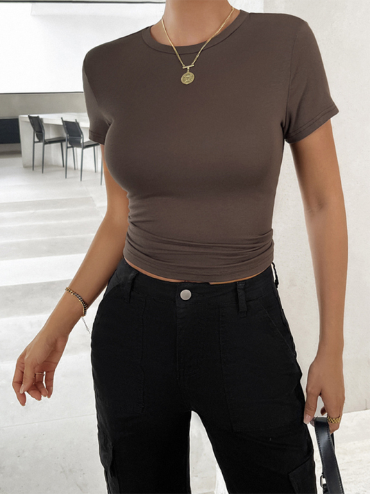 New solid color top, waisted, short, slim fit T-shirt