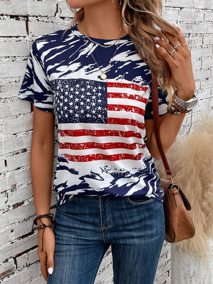 New American Independence Day Women's Flag Printed Round Neck Casual Short Sleeve T-Shirt