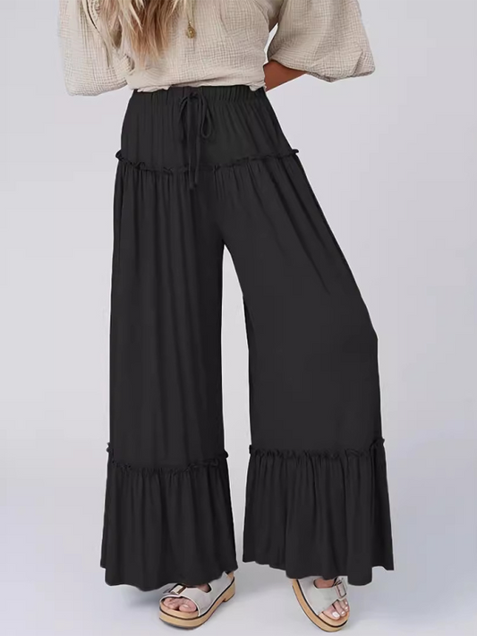 New solid color high waist casual pants drawstring wide leg trousers