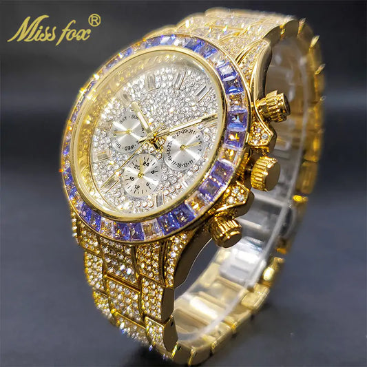 Luxe gouden herenhorloge waterdicht roestvrij staal Iced