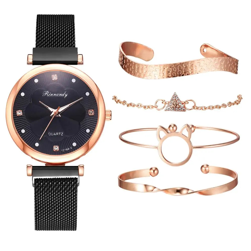 5-Piece Women's Luxury Magnet Buckle Watch Bracelet Set