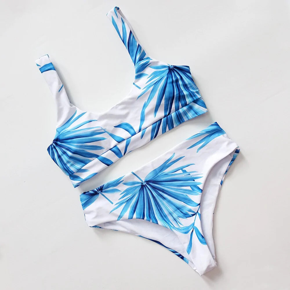 2021 Tropische palmblad hoge taille bikini: sexy witte zwemkleding met ronde hals voor dames