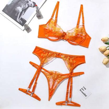 Ellolace lingerieset met oranje kantborduurwerk - sexy transparante 3-delige mesh bh en shortst