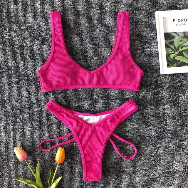 Tweedelige geribbelde neon bikini