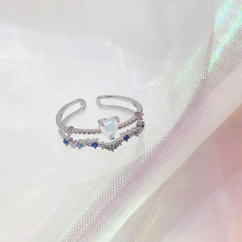 Delicate Zircon Heart Moon Adjustable Ring: Fashionable Korean Style Jewelry for Women