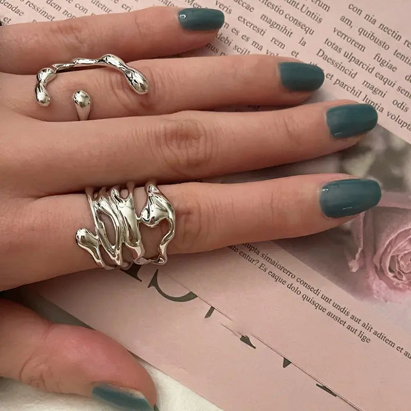 Silver Color Irregular Hollow Wide Ring