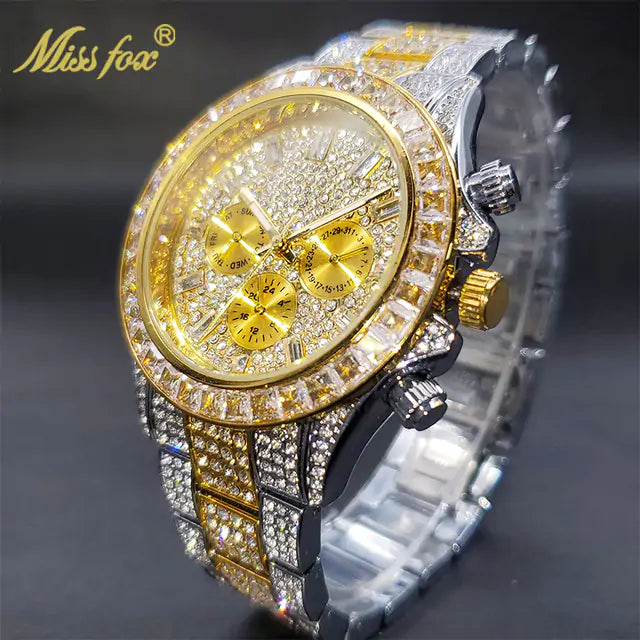 Luxury Gold Men's Watch Waterproof Stainless Steel Iced